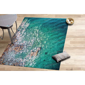 Tapis imprimé en patchwork de laine avec vue sur l'océan - Support en latex écologique - Décoration de bureau et de salle à manger côtière - Product Image 3