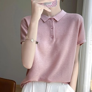 เสื้อยืดผู้หญิงผ้าถักเนื้อละเอียดใหม่เสื้อสเวตเตอร์ลำลองแขนสั้นเสื้อโปโลเสื้อเบลาส์เสื้อผ้าสตรีเสื้อทรงหลวมฤดูร้อน - Product Image 4