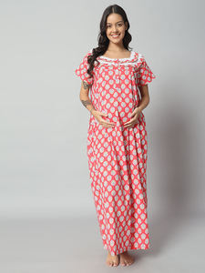 Chemise de nuit de maternité en dentelle 100% coton pour femmes, manches courtes, longueur totale, tissu respirant, col imprimé géométrique, élégante, été - Product Image 3