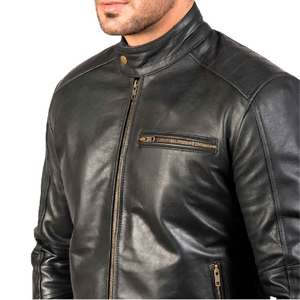 Leather Jacket Real Cowhide Leather Outerwear Zipper Closure <b>Band</b> Collar <b>Snap</b> Button Zipper Cuffs Classic Style for Men - Product Image 4
