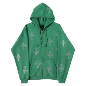 Sudadera con capucha de diamantes de imitación de mezcla de algodón de gran tamaño para hombre, sudadera con cremallera personalizada boxy fit, ropa de calle al por mayor a granel - Product Image 1