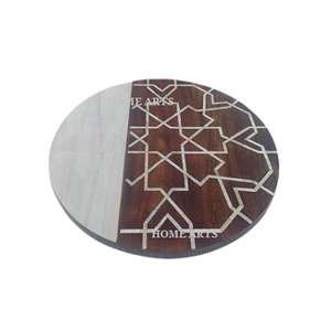 Plateau alimentaire de forme ronde de meilleure qualité Plateau de service à dessert en marbre et en bois MOP du fabricant en Inde - Product Image 3