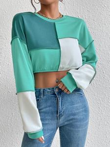 Sudadera Corta Color Block al por Mayor para Mujer, Top Informal de Manga Larga con Cuello Redondo - Product Image 6