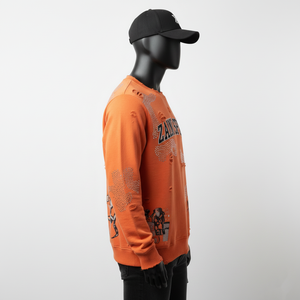 Premium 320 GSM Cotton Blend Fabric Distressed <b>Orange</b> Color Custom Logo Print With Rhinestone Design Logo Basics Sweatshirts - Product Image 5