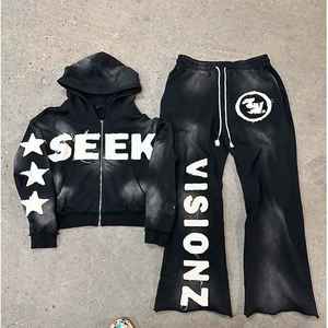 OEM 100% Cotton 450 GSM Custom Distress <b>Embroidery</b> Winter Tracksuit <b>Set</b> for Men Cropped Treading Design Plus Size Option - Product Image 1
