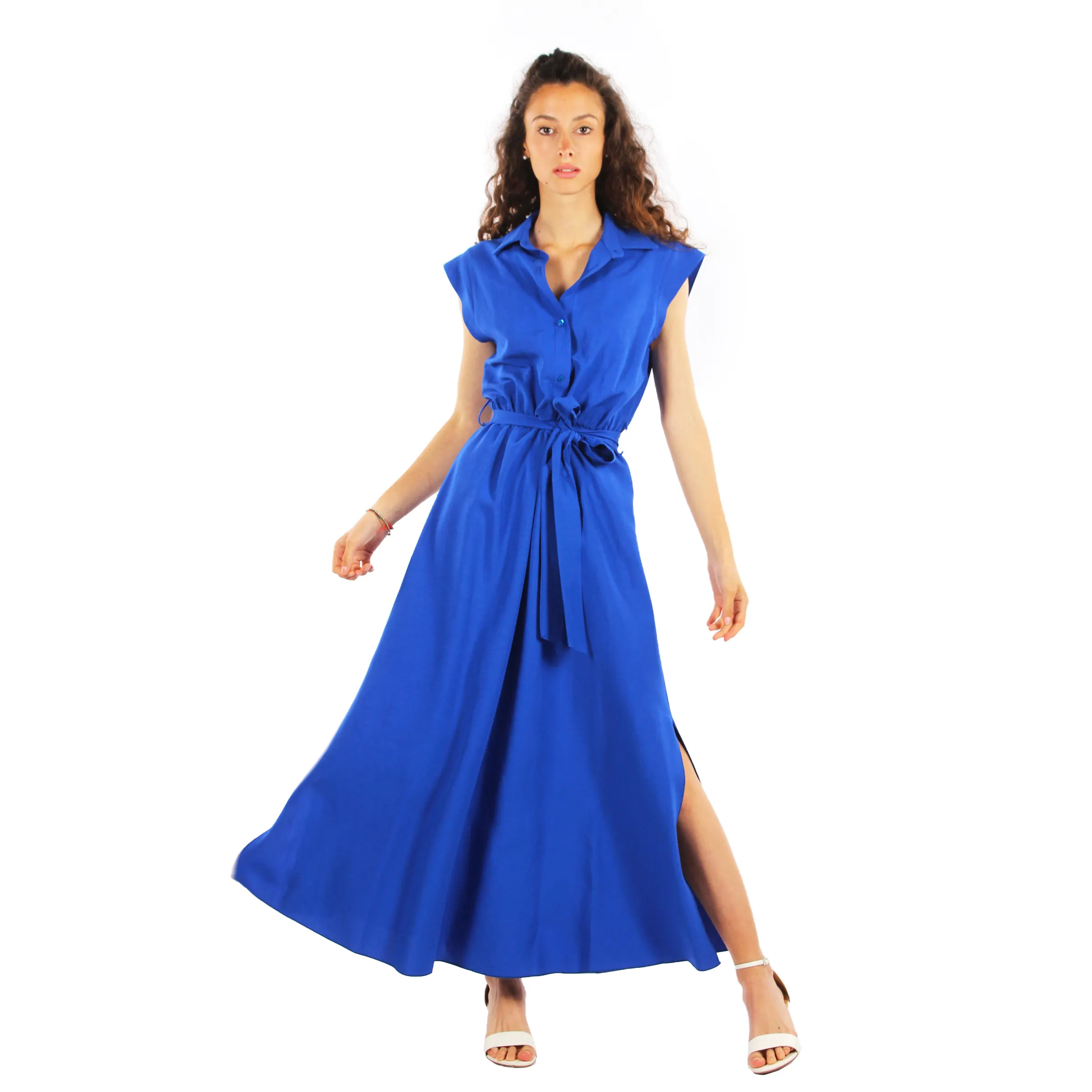 Versátil y elegante vestido azul cobalto con elegante vestido frontal de viscosa y lino para un aspecto elegante e inteligente de talla grande