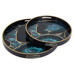 Most Fancy Unique Designer Enamel Finished Round Shape Prime Quality Wooden Serving <b>Tray</b> Restaurant And Hotel Supply From India - Product Image 3