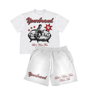 Alta calidad logotipo personalizado lavado ácido Jogger deportes dos piezas más tamaño pantalones cortos conjuntos camisa y conjunto corto conjuntos unisex - Product Image 1