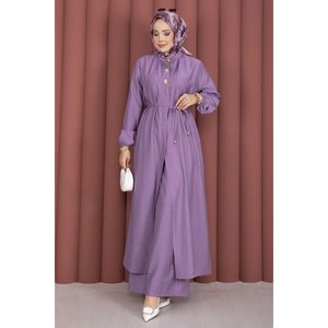 Ensemble 2 pièces élégant pour femme : Tunique longue à col mandarin en modal avec laçage et short en tweed coupe ample, couleur lilas, idéal pour le bureau - Product Image 3