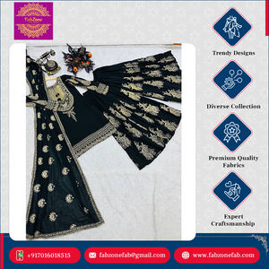 Diseño de lujo Ropa India pakistaní Secuencias de bordado tradicional Faux Georgette Top Sharara Dupatta Set para mujeres - Product Image 4