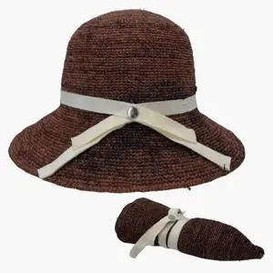 High Quality Fashion Summer Beach Wide Brim Crochet Raffia Straw Hat For Women With Ribbon Button