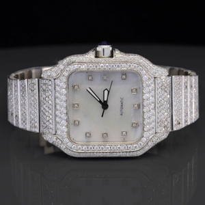 Montre de style hip-hop, bracelet en acier inoxydable, montre avec cadran blanc serti de diamants en moissanite, mouvement mécanique pour hommes et femmes. - Product Image 1