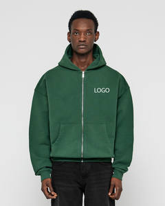 OEM Green Oversized <b>Zip</b>-<b>up</b> <b>Hoodies</b> for Men 100% Cotton Thermal Heavyweight 500GSM <b>Crop</b> Drop Shoulder <b>Zip</b>-<b>up</b> <b>Hoodies</b> for Winter - Product Image 1