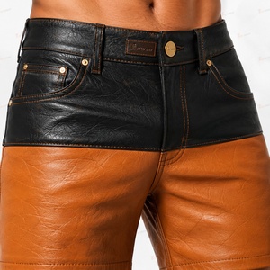 Shorts Bermuda en Cuir Bicolore pour Homme Marron Noir Taille Moyenne Boutons Décontracté Écologique Imperméable Coupe-Vent avec Poches - Product Image 6