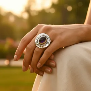 Bague de cocktail géométrique en argent 925 avec saphir serti clos, style bohème, unisexe, pour tous les jours - Product Image 3
