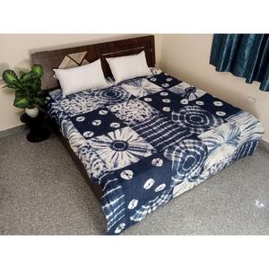 Indian Bohemian Vintage Kantha Quilt Handmade Hippie <b>Bedspread</b> Tie Dye <b>Blue</b> Cotton Printed for Hotel Wholesale Blanket Throw - Product Image 1