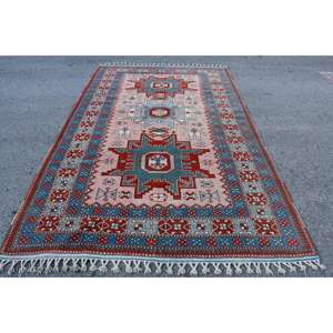 Tapis turc surdimensionné 6,9x11 pieds, tapis en laine rouge bleu à pois vintage - Product Image 1