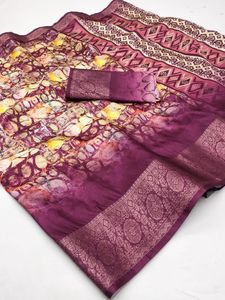Sari imprimé numérique en soie Dola douce de qualité supérieure avec bordure tissée Kanjivaram vêtements indiens et pakistanais - Product Image 3