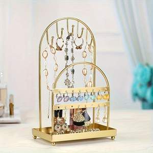 Support à bijoux en métal de luxe avec base ronde stable, plaqué or, support suspendu pour l'affichage et le rangement des bijoux - Product Image 3