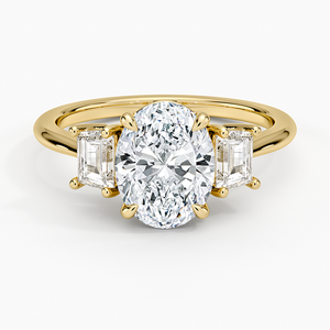 Bague de fiançailles à trois pierres haut de gamme en plaqué or 14 carats certifié avec accents trapézoïdaux Bijoux originaux en diamant de laboratoire pour femmes - Product Image 1