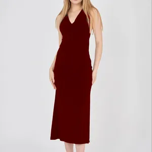 dicker riemen halsband v-ausschnitt damen sexy sandfarbene stoffkleid burgundfarbe