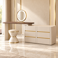 Ensemble de coiffeuse de luxe avec miroir rond LED, armoire à 6 tiroirs, tabouret, taille et couleur personnalisables, garantie de 2 ans pour chambre d'hôtel
