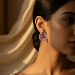 Pendientes de Plata de Ley 925 con Diseño Floral para Mujer, con Rubí, Baño de Oro de 14K, Patrón Geométrico, Diamante, Circonita y Perla - Product Image 1