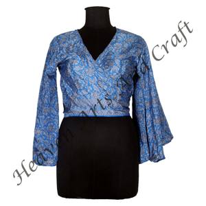 Ropa de playa Boho Chic Floral Print Wrap Tie Top Bell Sleeve Poly Silk Bikini Style Tops para la moda de verano - Product Image 2