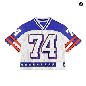 เสื้อฟุตบอลอเมริกันสีขาวแบบกำหนดเองสำหรับผู้ชายหมายเลข 74 คอวีแขนสั้นผ้าตาข่ายระบายอากาศได้ชุดกีฬาทีมลายทางสีน้ำเงินสีแดง - Product Image 1