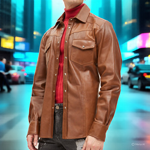 Letterman Button up PU <b>Leather</b> <b>Shirts</b> Men Customize Long Sleeve Button Down Chest Pocket <b>Leather</b> <b>Shirts</b> Men's - Product Image 2