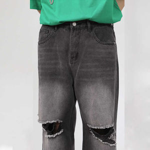 Pantalones vaqueros rasgados personalizados lavados con ácido para hombre, pantalones vaqueros con agujeros rotos, pantalones vaqueros holgados negros Vintage para hombre - Product Image 4