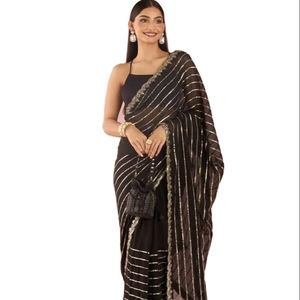 Hermoso color negro rico fiesta y función desgaste suave Georgette tela hilo de secuencia múltiple trabajo peso ligero elegante Saree - Product Image 1