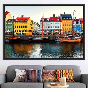 Nyhavn Denmark Canvas Print: Copenhagen Colorful Harbor Scene,BLACK <b>FRAMED</b> CANVAS - Product Image 1