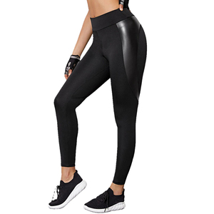 Top Fashion Women's Casual Sports <b>Polyester</b> <b>Leggings</b> Spliced Leather Tight Pant with Custom Gym Wear Waist Logo Position - Product Image 1
