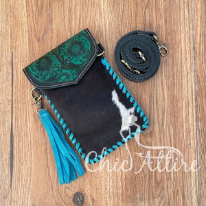 Women's Floral Cowhide Leather Phone Holder Bag Hand Tooled <b>Turquoise</b> Tassel Crossbody Style Nylon Lining Printed Logo Ins Style - Product Image 1