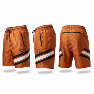 Men's Orange Quick Dry Board <b>Shorts</b> With Drawstring Waist <b>Zipper</b> Pockets Sporty Striped Pattern Mid Rise - Product Image 1