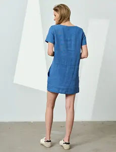 ชุดเดรสมินิสไตล์ Boho ชุดเดรสผ้าฝ้ายผ้าลินินคอกลมแขนสั้นสีทึบชุดเดรสทูนิคสำหรับวันหยุดมีกระเป๋า - Product Image 3