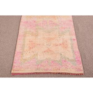 Turkish Vintage Herki Rug 2.5x9.8 ft Patchwork Design <b>Wool</b> Latex Backing Eco-Friendly Pink & <b>Yellow</b> Borders - Product Image 5