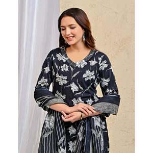 Hand Drawn Black <b>Block</b> <b>Printed</b> Cotton Anarkali Kurta Pant Set with Mulmul Dupatta Indian Ethnic and Party Wear with Net Fabric - Product Image 1