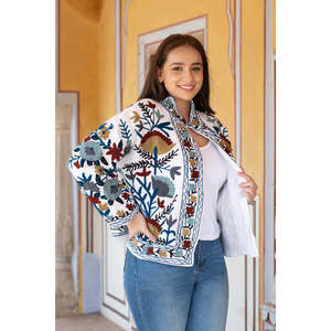 Floral Suzani Embroidery Reversible <b>Mandarin</b> <b>Collar</b> <b>Jacket</b> Breathable Prairie Chic Outerwear Linen Nylon Lining Satin Leather - Product Image 1
