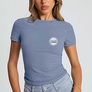 Camiseta de Cuello Redondo para Mujer, Estilo Básico, Lisa, Cuello Redondo Profundo, para Uso Diario, Camiseta de Manga Corta de Jersey - Product Image 3