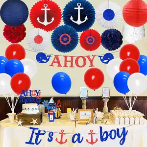 Ahoy adalah spanduk pesta anak laki-laki balon biru dongker karangan bunga untuk tema bahari dekorasi pesta mandi bayi untuk Kit perlengkapan anak laki-laki