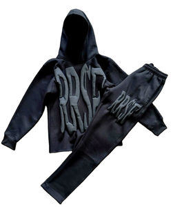 Nueva llegada Unisex 100% algodón 320GSM pulóver con capucha pantalones de chándal conjunto 3D Puff impresión sólido Flare inferior OEM hombres chándal trajes - Product Image 1