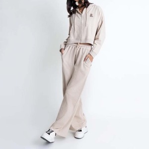 Nouveau hiver couleur unie 100% coton respirant Zip survêtement ensemble femmes debout avant lourd hiver sportif à capuche survêtement - Product Image 3