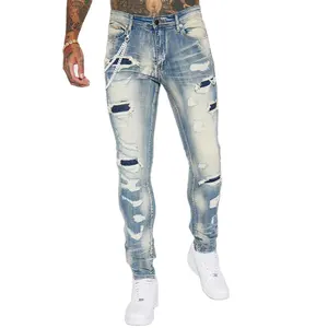 Yüksek kalite Slim Fit streç sıkıntılı dizler yırtık kot eski yıkanmış açık mavi pamuklu Denim pantolon özel sıska kot