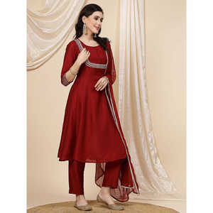 Kurta Anarkali Bordada con Lentejuelas Color Granate para Mujer, con Pantalón de Algodón y Dupatta, Traje Salwar de Estilo Étnico Indio, Material Pesado - Product Image 4