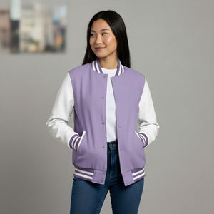 Blouson Bomber Varsity Femme Personnalisé Haut de Gamme Bicolore avec Doublure en Coton et Doublure en Satin Écologique, Rivets et Broderies - Product Image 2