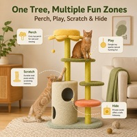 Structure d'escalade pour chat multi-niveaux moderne avec niche, poteaux à gratter en sisal écologiques, plateformes et jouet suspendu pour chats d'intérieur