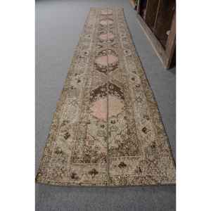 Alfombra turca Vintage clásica Beige marrón 2,1X12,3 pies patrón de retazos de látex de lana para pasillo habitación mesita de noche alfombra de rompecabezas rectangular - Product Image 2