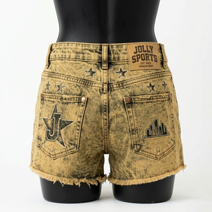 Shorts de mezclilla premium con lavado ácido, de algodón grueso, con dobladillo sin rematar, estilo streetwear, con logo serigrafiado, shorts de mezclilla para mujer con lavado ácido. - Product Image 5